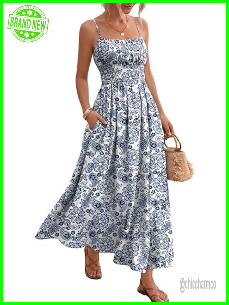 Spaghetti Strap Smocked Maxi Sundress With Pockets